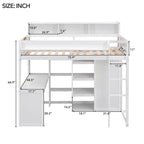 Wooden Twin Size Loft bed with Multiple Storage Shelves and Wardrobe