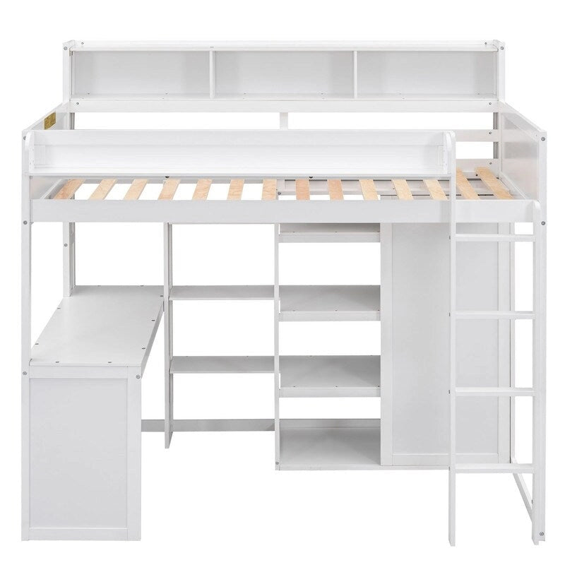 Wooden Twin Size Loft bed with Multiple Storage Shelves and Wardrobe