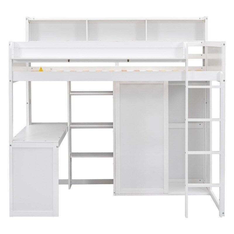 Wooden Twin Size Loft bed with Multiple Storage Shelves and Wardrobe
