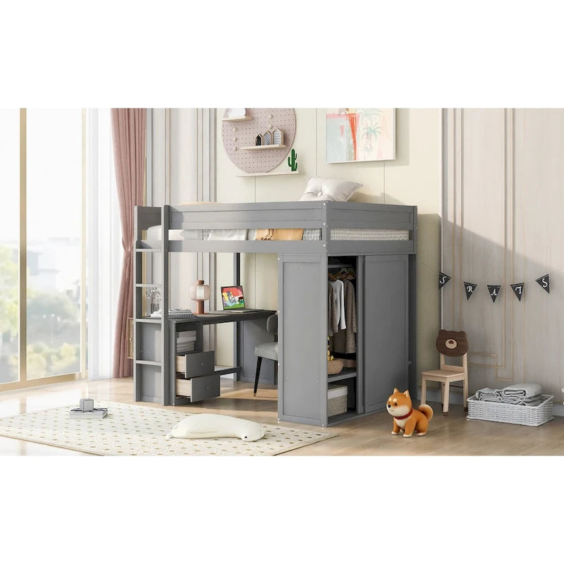 Wood with Wardrobes and 2-Drawer Desk with Cabinet