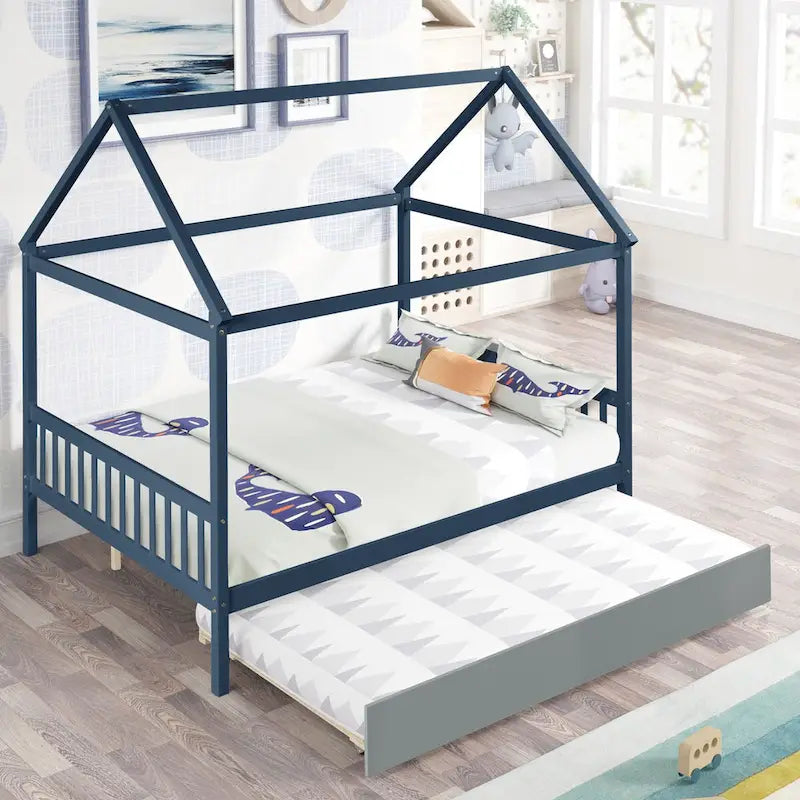 Full Size House Bed with Trundle and Charming Roof Detail