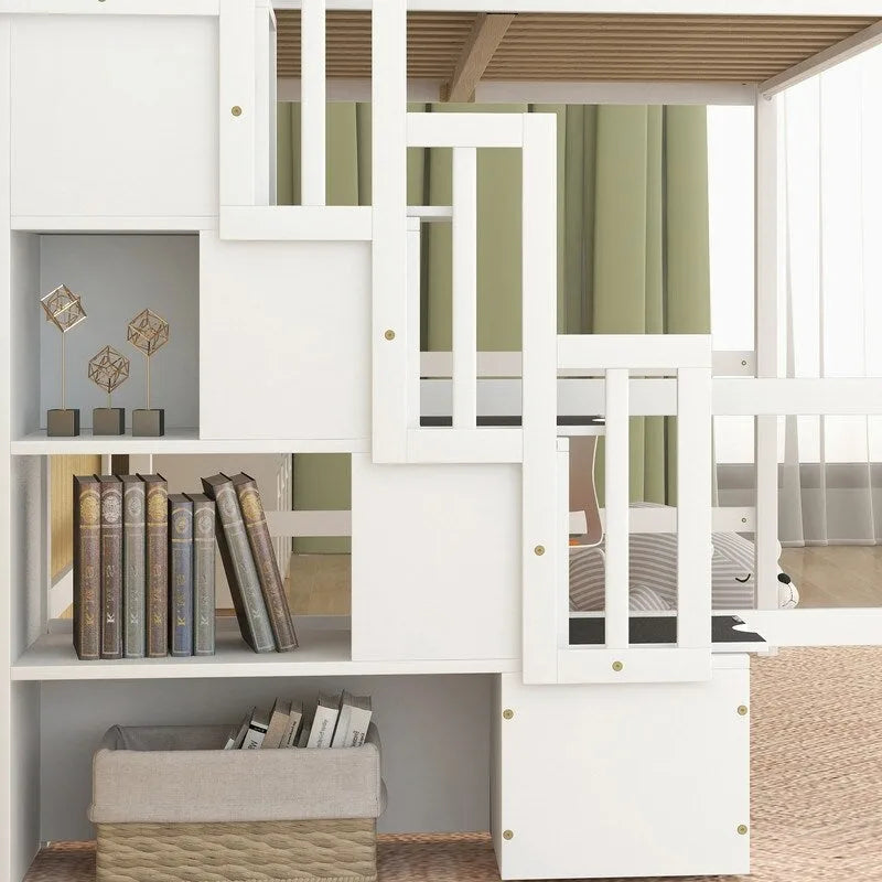 Wood Loft Bed with Built-in Desk,Bookshelves and Storage Staircase,Full Size