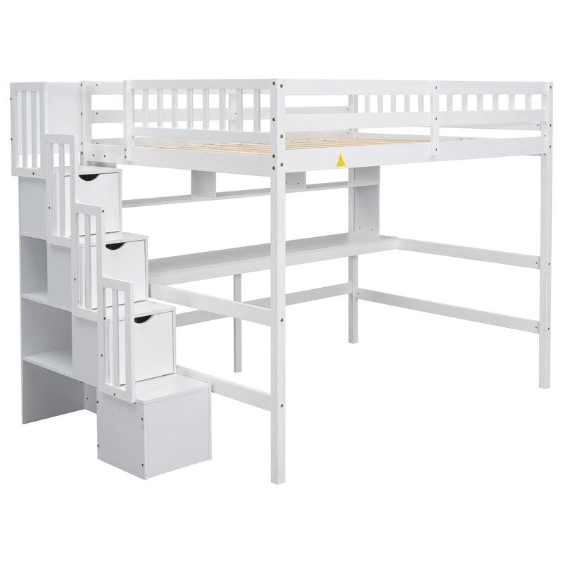 Wood Loft Bed with Built-in Desk,Bookshelves and Storage Staircase,Full Size