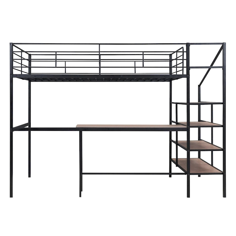 Black Full Metal Loft Bed with Desk & Storage Ladder