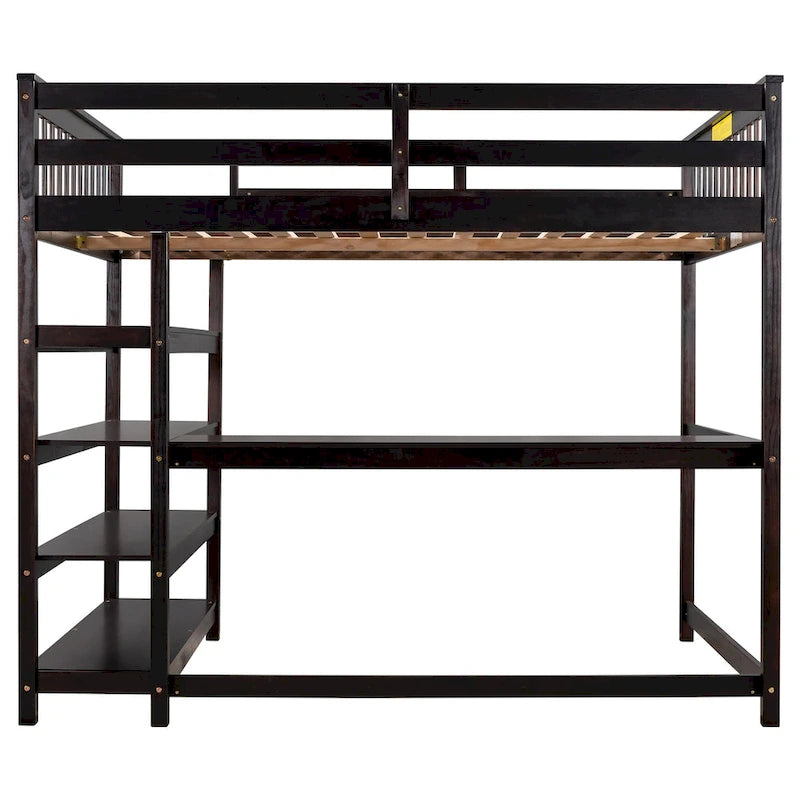 Espresso Solid Wood Loft Bed with Integrated Desk, Storage Shelves, and Stable Guardrails