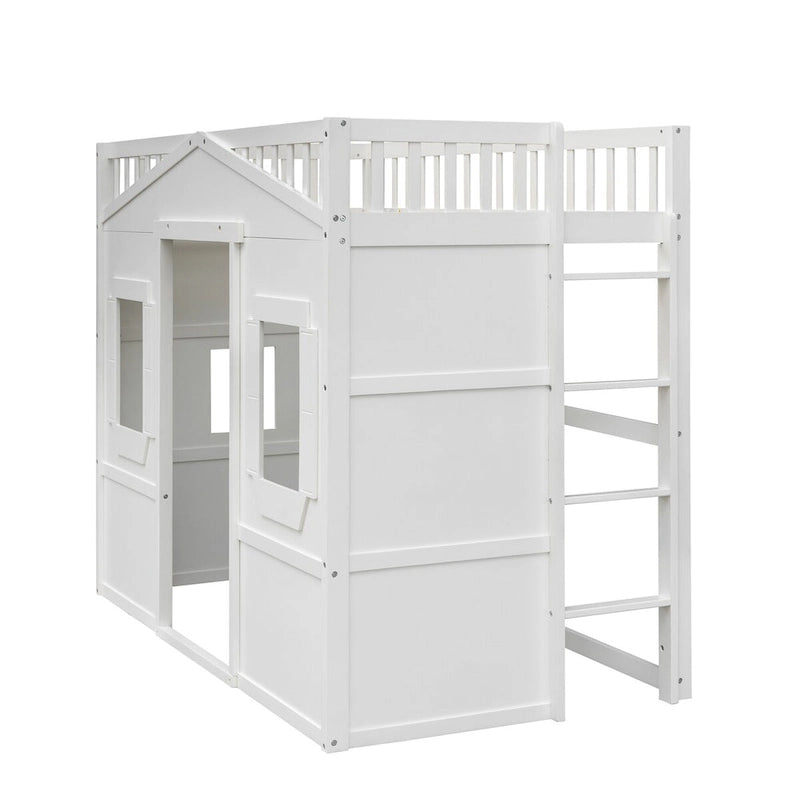 White Elegant Pine Wood Twin Size Loft Bed with Ladder