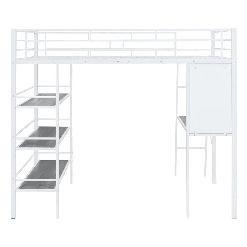 Full Size Loft Metal Bed with 3 Layers of Shelves and Desk, Stylish Metal Frame Bed with Whiteboard