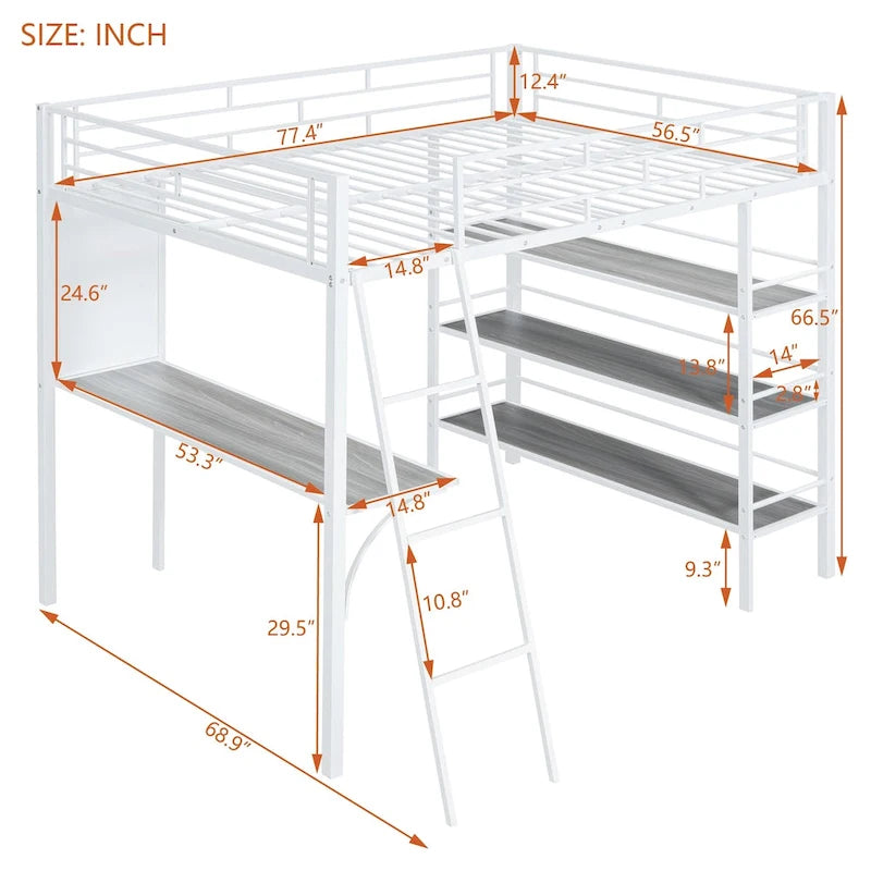 Full Size Loft Metal Bed with 3 Layers of Shelves and Desk, Stylish Metal Frame Bed with Whiteboard