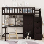 Wooden Full size Loft Bed with Bookshelf,Drawers,Desk,and Wardrobe