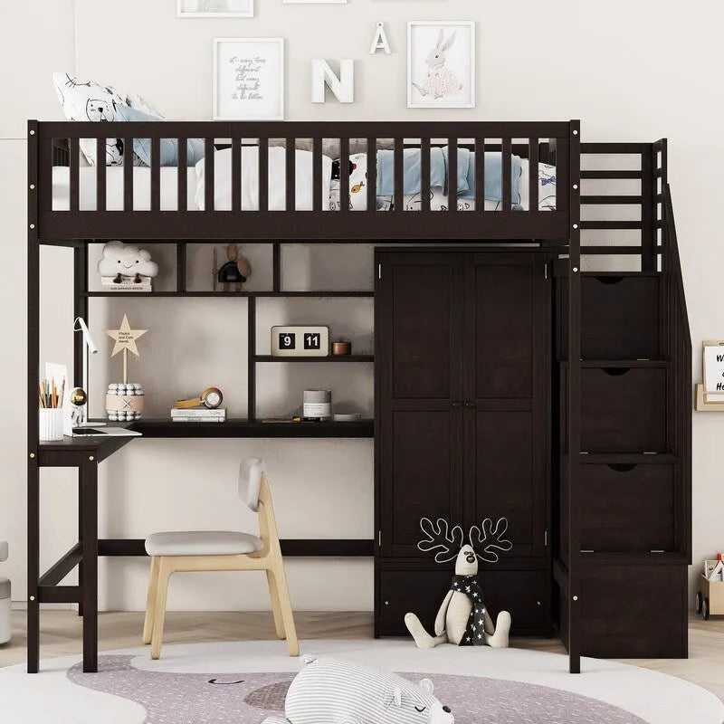 Wooden Full size Loft Bed with Bookshelf,Drawers,Desk,and Wardrobe