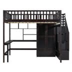 Wooden Full size Loft Bed with Bookshelf,Drawers,Desk,and Wardrobe