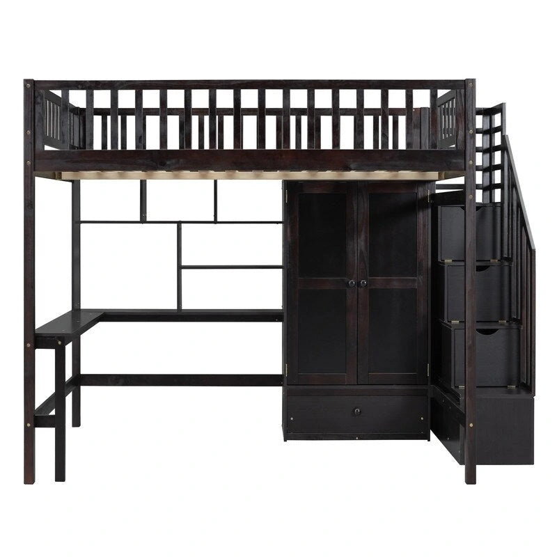 Wooden Full size Loft Bed with Bookshelf,Drawers,Desk,and Wardrobe