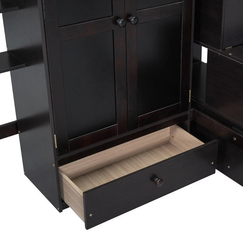 Wooden Full size Loft Bed with Bookshelf,Drawers,Desk,and Wardrobe
