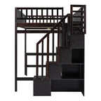 Wooden Full size Loft Bed with Bookshelf,Drawers,Desk,and Wardrobe