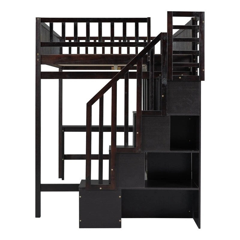 Wooden Full size Loft Bed with Bookshelf,Drawers,Desk,and Wardrobe