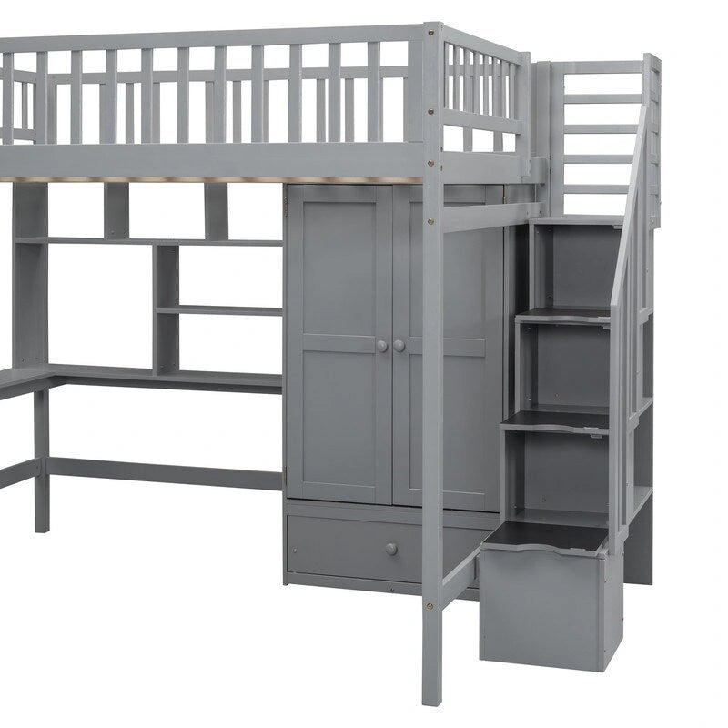 Wooden Full size Loft Bed with Bookshelf,Drawers,Desk,and Wardrobe