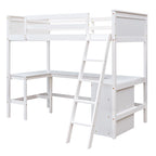 win Size Loft Bed with Shelves and Desk for Kids Teens Aldults, Wooden Loft Bed Frame with Lnclined Ladder and Safety Guardrail