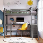 win Size Loft Bed with Shelves and Desk for Kids Teens Aldults, Wooden Loft Bed Frame with Lnclined Ladder and Safety Guardrail