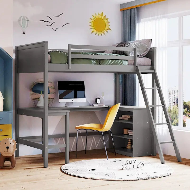 win Size Loft Bed with Shelves and Desk for Kids Teens Aldults, Wooden Loft Bed Frame with Lnclined Ladder and Safety Guardrail