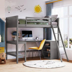 win Size Loft Bed with Shelves and Desk for Kids Teens Aldults, Wooden Loft Bed Frame with Lnclined Ladder and Safety Guardrail