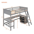 win Size Loft Bed with Shelves and Desk for Kids Teens Aldults, Wooden Loft Bed Frame with Lnclined Ladder and Safety Guardrail