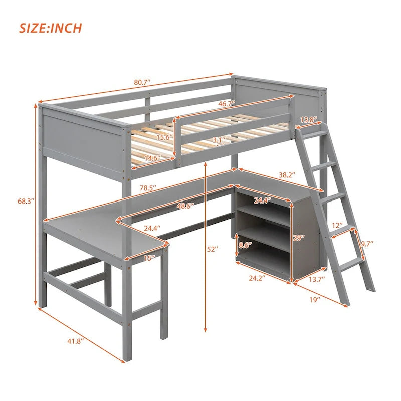 win Size Loft Bed with Shelves and Desk for Kids Teens Aldults, Wooden Loft Bed Frame with Lnclined Ladder and Safety Guardrail