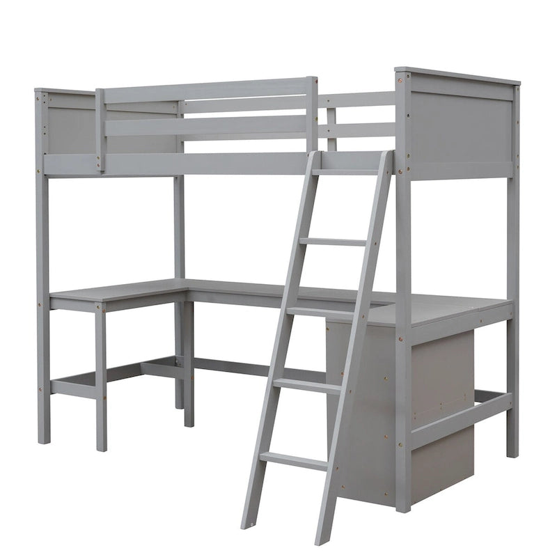 win Size Loft Bed with Shelves and Desk for Kids Teens Aldults, Wooden Loft Bed Frame with Lnclined Ladder and Safety Guardrail
