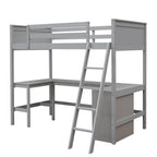win Size Loft Bed with Shelves and Desk for Kids Teens Aldults, Wooden Loft Bed Frame with Lnclined Ladder and Safety Guardrail