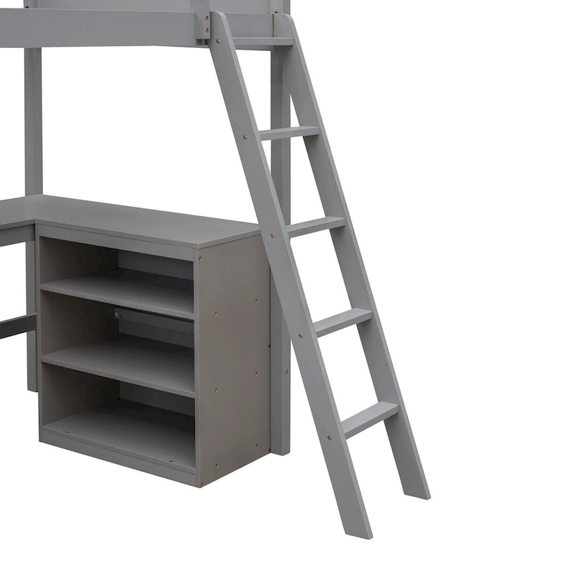 win Size Loft Bed with Shelves and Desk for Kids Teens Aldults, Wooden Loft Bed Frame with Lnclined Ladder and Safety Guardrail