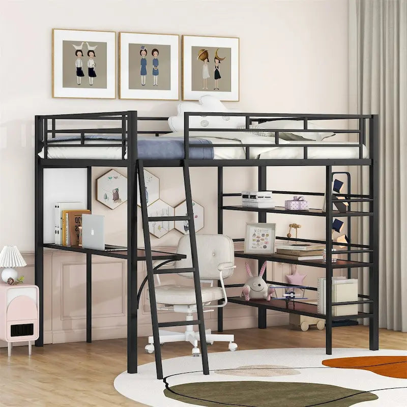 Full Size Loft Metal Bed with 3 Layers of Shelves and Desk