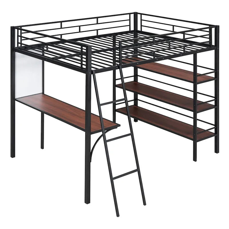 Full Size Loft Metal Bed with 3 Layers of Shelves and Desk