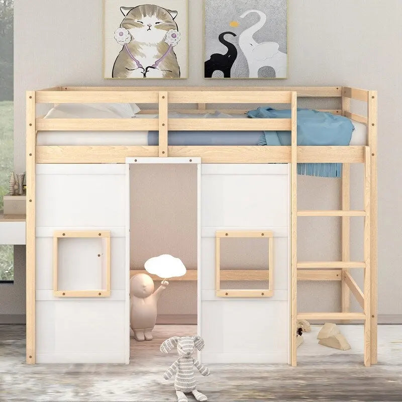Wood Twin Size Loft Bed with Built-in Storage Wardrobe and 2 Windows