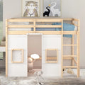 Wood Twin Size Loft Bed with Built-in Storage Wardrobe and 2 Windows