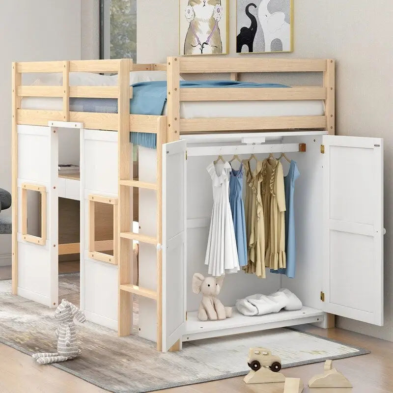 Wood Twin Size Loft Bed with Built-in Storage Wardrobe and 2 Windows