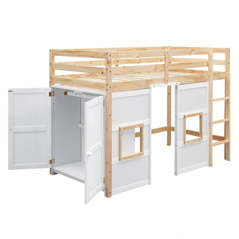 Wood Twin Size Loft Bed with Built-in Storage Wardrobe and 2 Windows