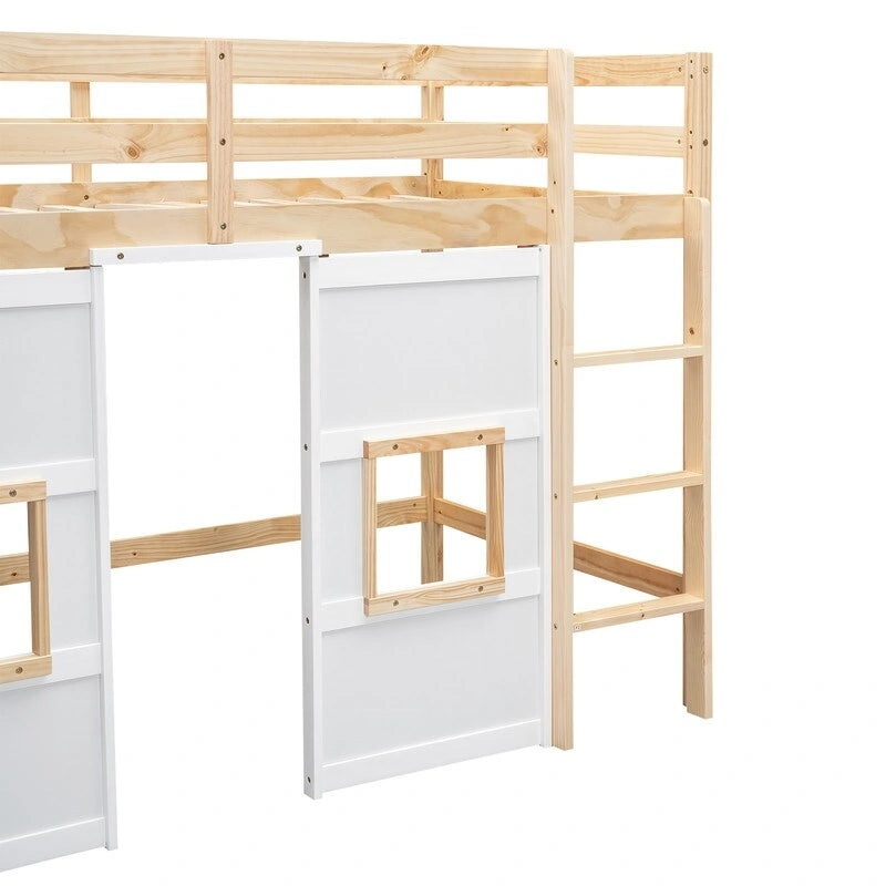 Wood Twin Size Loft Bed with Built-in Storage Wardrobe and 2 Windows