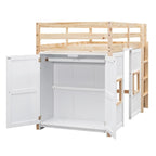 Wood Twin Size Loft Bed with Built-in Storage Wardrobe and 2 Windows