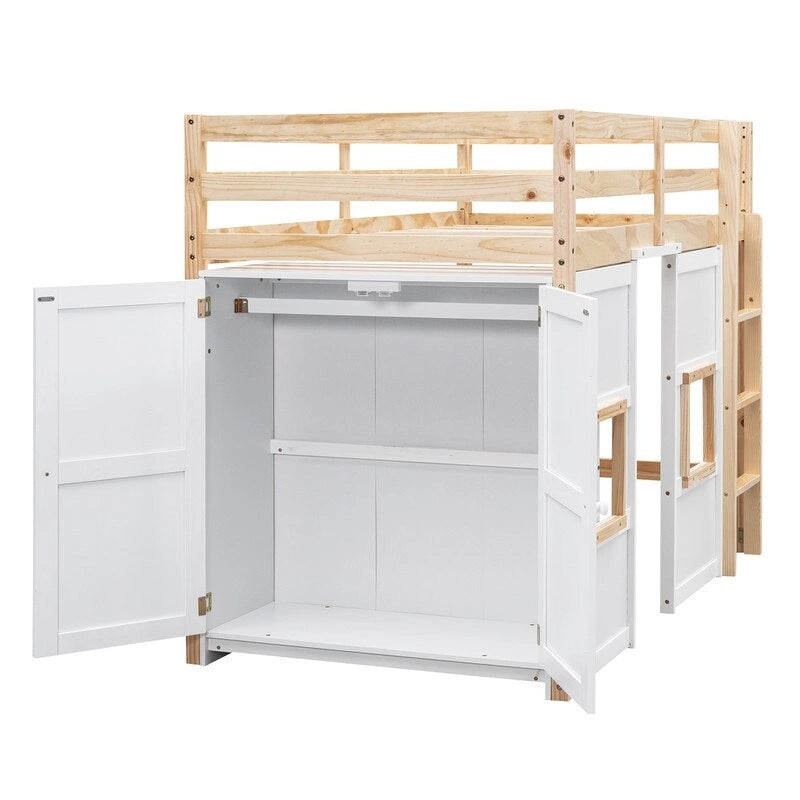 Wood Twin Size Loft Bed with Built-in Storage Wardrobe and 2 Windows