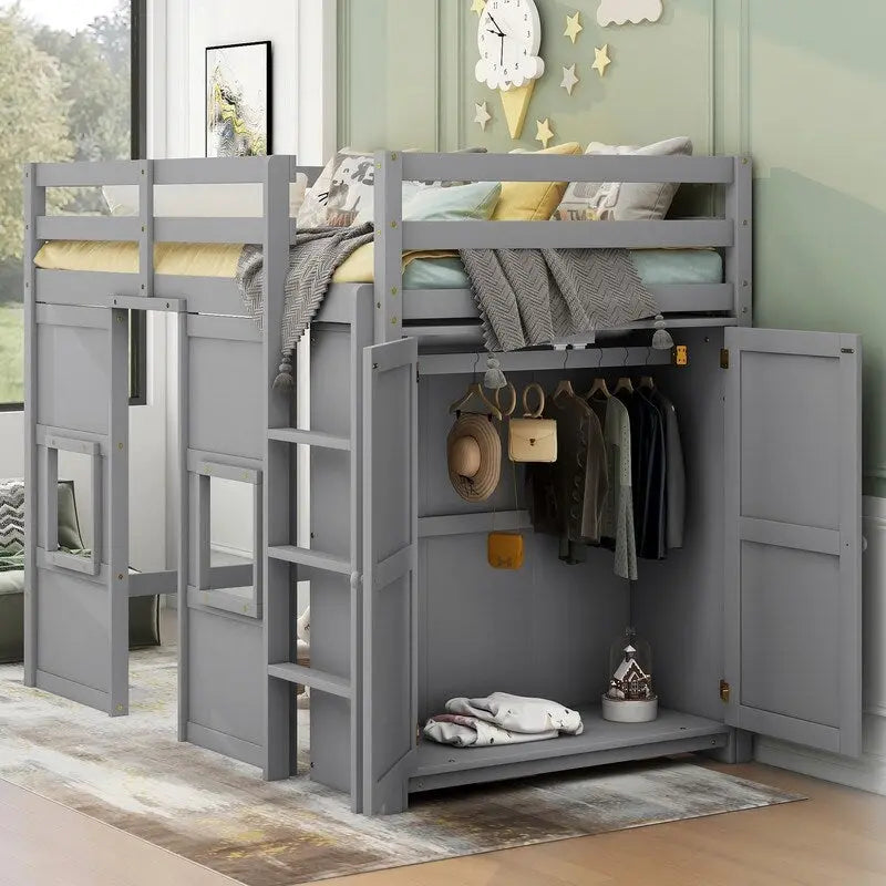 Wood Twin Size Loft Bed with Built-in Storage Wardrobe and 2 Windows