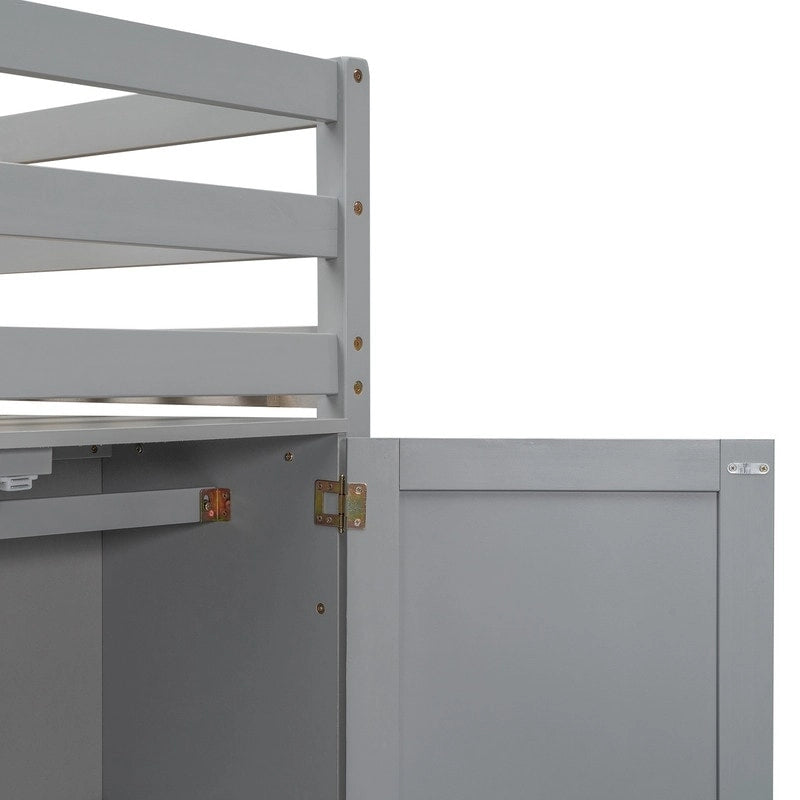 Wood Twin Size Loft Bed with Built-in Storage Wardrobe and 2 Windows