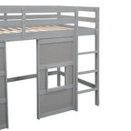 Wood Twin Size Loft Bed with Built-in Storage Wardrobe and 2 Windows