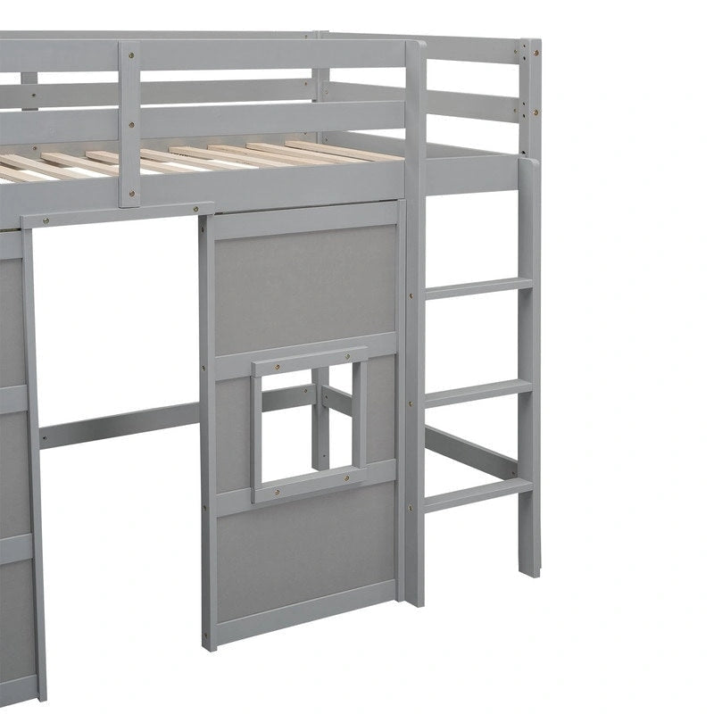 Wood Twin Size Loft Bed with Built-in Storage Wardrobe and 2 Windows