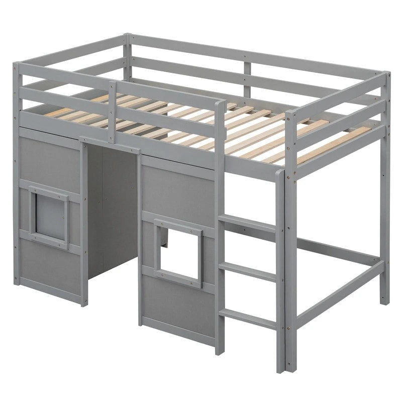 Wood Twin Size Loft Bed with Built-in Storage Wardrobe and 2 Windows