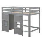 Wood Twin Size Loft Bed with Built-in Storage Wardrobe and 2 Windows