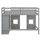 Wood Twin Size Loft Bed with Built-in Storage Wardrobe and 2 Windows