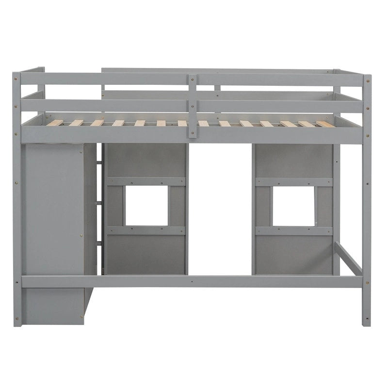 Wood Twin Size Loft Bed with Built-in Storage Wardrobe and 2 Windows