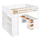 Full Size Loft Bed with Built-in Studying Desk, Solid Wood Bed Frame with 3-Tier Shelves and Storage Drawers, Versatile Bed