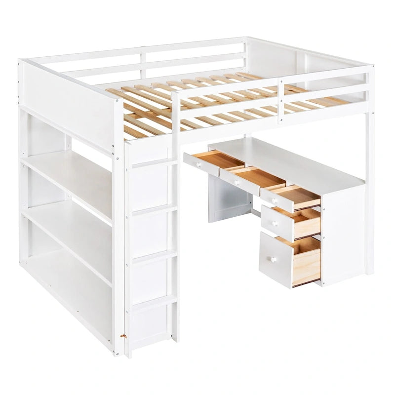 Full Size Loft Bed with Built-in Studying Desk, Solid Wood Bed Frame with 3-Tier Shelves and Storage Drawers, Versatile Bed