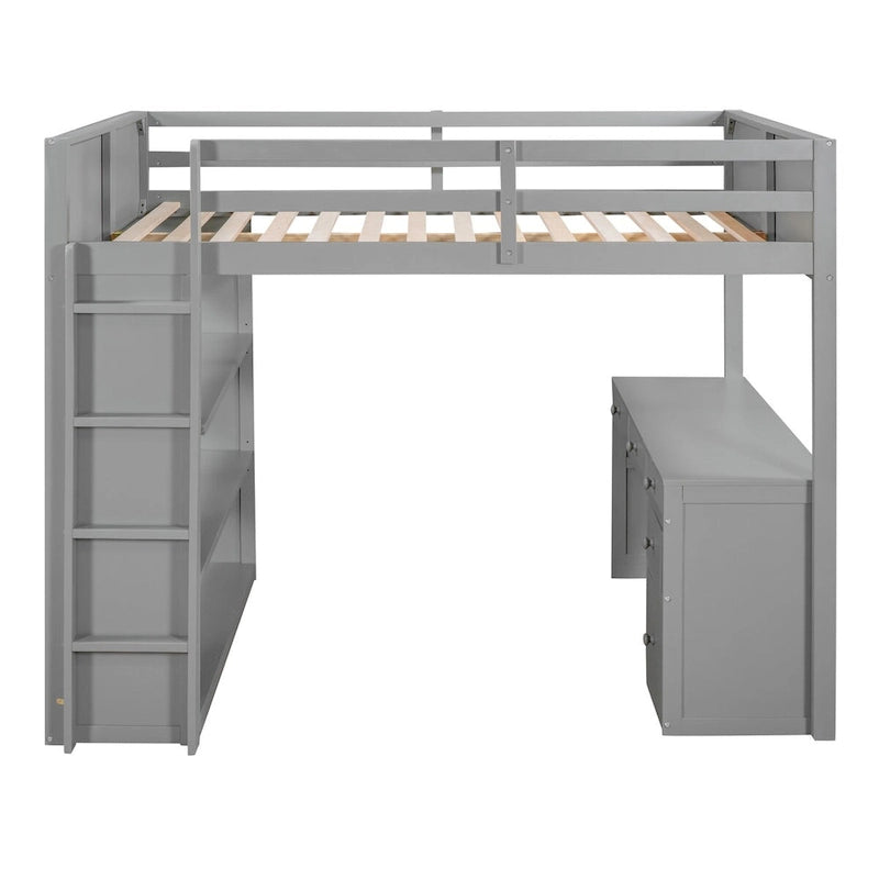 Full Size Loft Bed with Built-in Studying Desk, Solid Wood Bed Frame with 3-Tier Shelves and Storage Drawers, Versatile Bed