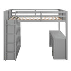 Full Size Loft Bed with Built-in Studying Desk, Solid Wood Bed Frame with 3-Tier Shelves and Storage Drawers, Versatile Bed